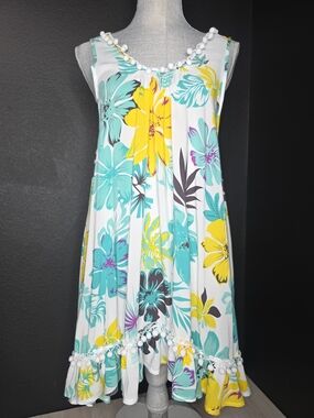 Sleeveless White Floral Swing Dress with Turquoise & Yellow Accents